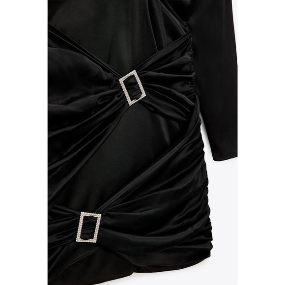 Zara Jeweled Trim Satin Effect Long Sleeve Dress Black NEW - Picture 6 of 6